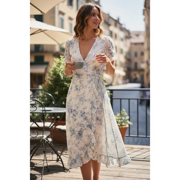 Denim & Supply Ralph Lauren Dresses & Skirts - Ralph Lauren Denim & Supply Wrap Dress Blue Cream Floral Ruffle Cotton Large